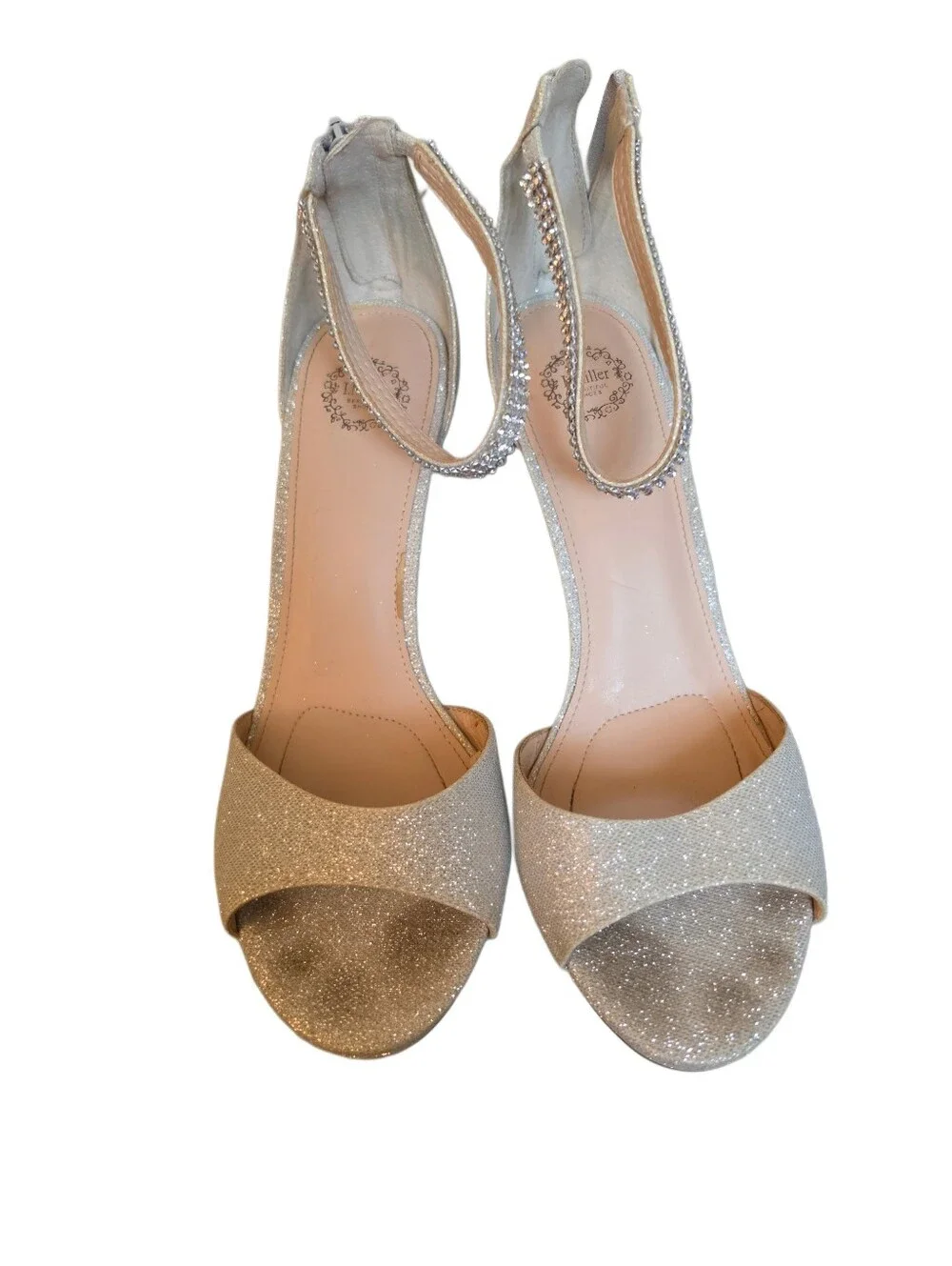 Women Heel Ankle Strap Size 9.5 Silver Sparkle Back Zip Evening Shoes